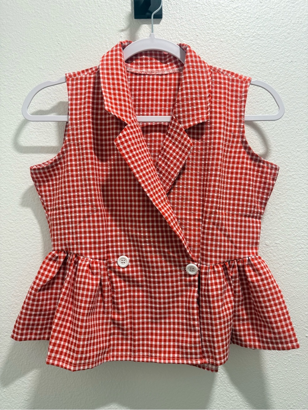 Vintage Red Gingham Sleeveless Peplum Button Vest Top